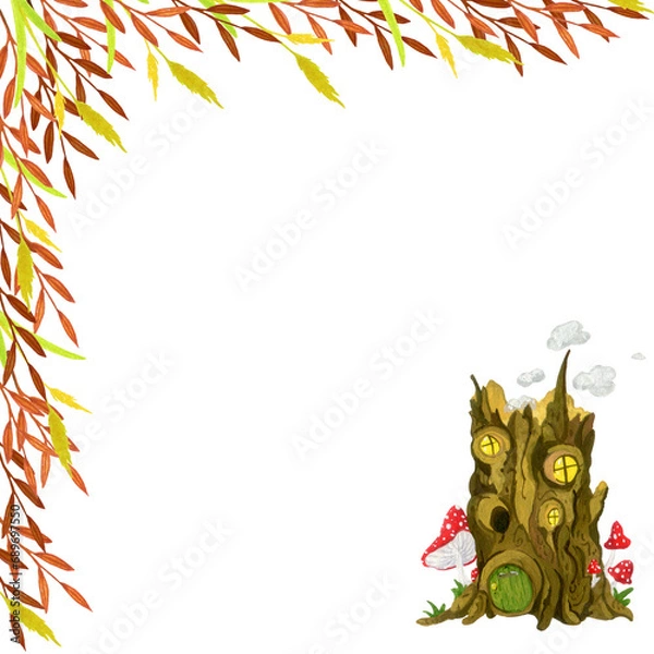 Fototapeta square frame with a small forest house and autumn herbs and leaves on a white background