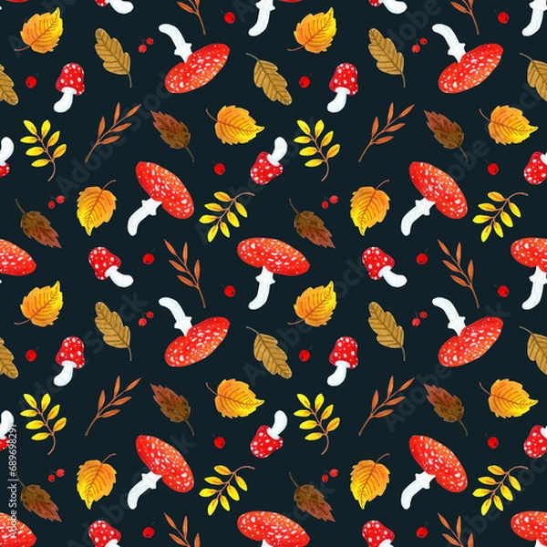 Fototapeta seamless pattern of autumn leaves, fly agarics and berries on a dark background