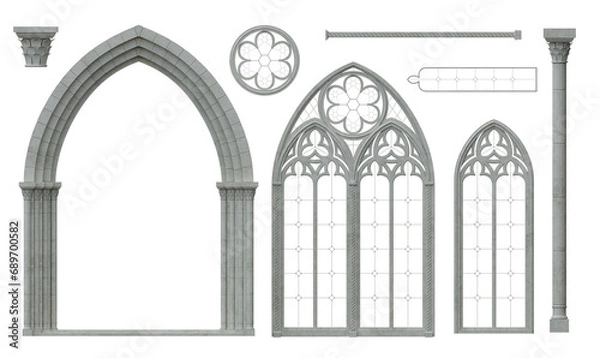 Obraz 3D illustration. Set of gothic cathedral window elements textures