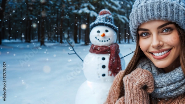 Fototapeta A beautiful woman in winter clothes, outdoor winter scenery with a snowman and forest in the background