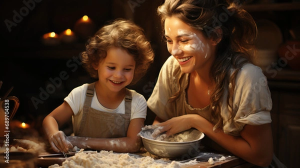 Obraz Mother and Child Baking Together, Covered in Flour and Sharing a Playful Moment. Concept of Joyful Cooking, Family Bonding, and Culinary Delight