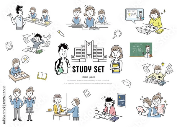 Fototapeta ベクターイラスト素材：勉強する学生の人物セット
