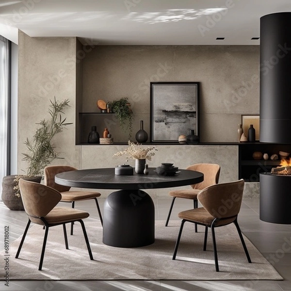Fototapeta dining area with a round black-colored dining table in an apartment