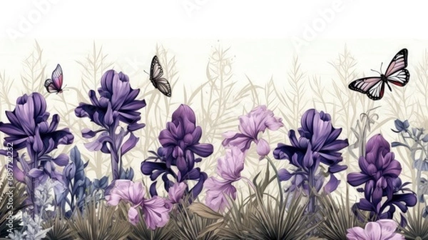 Fototapeta seamless pattern garden iris and butterfly engraving style