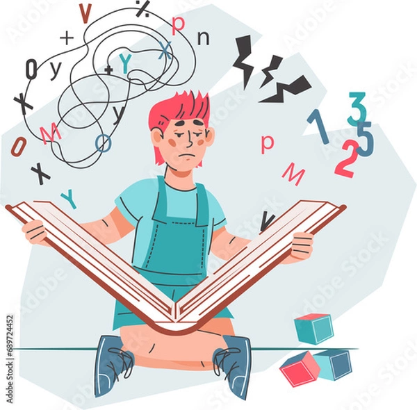 Fototapeta Dyslexia and reading and learning difficulties concept with dyslexic child character. Learning difficulties and stress before exam.