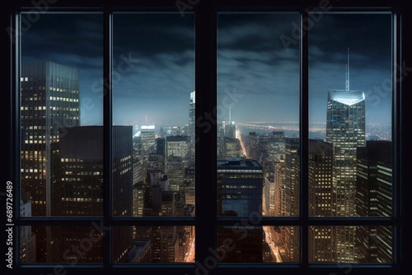 Fototapeta View from the window of a skyscraper in the evening.View of various high skyscrapers buildings with lighted windows located in  city. Night life of metropolis, offices. Downtown structures.
