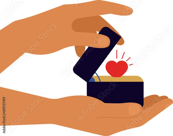 Fototapeta Male hands hold opened black box for jewelry or wedding ring with shiny heart shape inside. Abstract luxury package for love heart. Concept of proposal and sharing love.