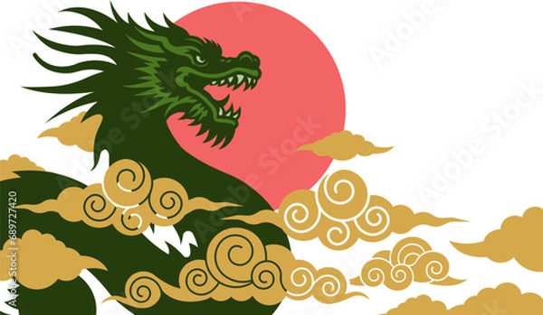 Fototapeta Chinese dragon poster. Dragon head profile with opened mouth and teeth. Symbol of Chinese new year. Horizontal template composition with golden clouds and pink sun.
