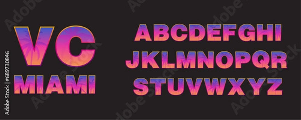 Fototapeta 90's Miami inspired alphabet. 80's retro letters collection. Outrun typography with vivid colors and palm trees. Beach bar and club style. Sunset vibes. Florida city lettering. Vice aesthetic.