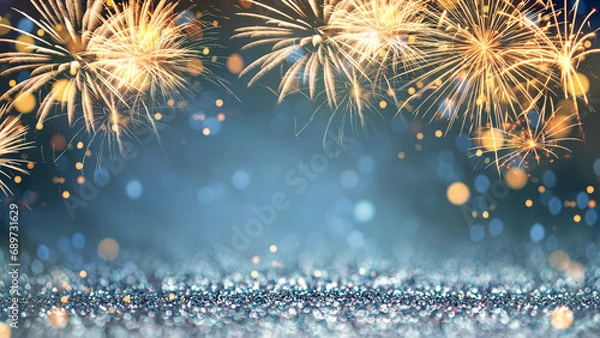 Obraz Vintage gold and blue Fireworks and bokeh in New Year eve and copy space. Abstract background holiday.