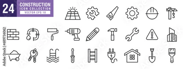 Fototapeta Vector of construction icon set, carpentry, renovation, building, architecture, home repair tools, EPS 10 vector.