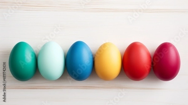 Fototapeta Colorful Easter eggs creating a lively composition on a white wooden board background, perfect for a poster, background, or holiday card, presented in a high definition studio photo