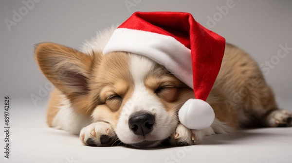 Obraz  Adorable Corgi Puppy Sleeping Wearing a Santa Hat