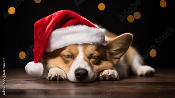 Obraz Cute sleeping corgi wearing a Christmas Santa Hat against a dark background with bokeh 