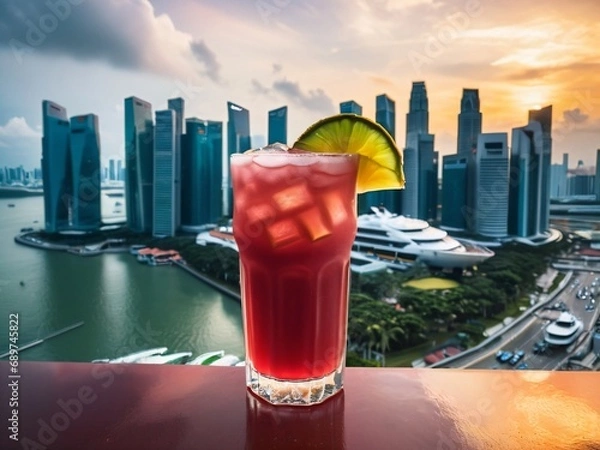 Fototapeta Exquisite Singapore Sling at the Singapore Marina Countdown. AI Generated.