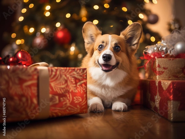 Obraz Adorable Holiday Corgi Puppy Laying with wrapped Christmas Presents Under the Tree