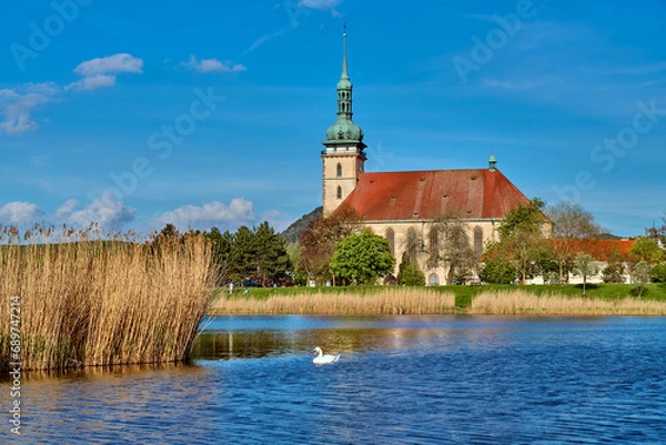 Fototapeta Moved church in the city Most, Czech republic. Coal mining. A unique move. The world's heaviest object ever moved on rails.