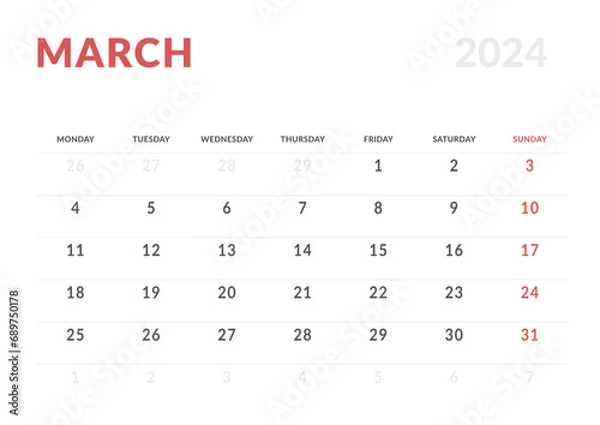 Fototapeta Monthly page Calendar Planner Templates of March 2024. Vector layout of simple calendar with week start Monday for print. Page for size A4 or 21x29.7 cm