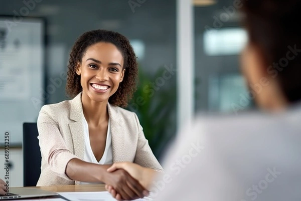 Fototapeta Happy business woman manager handshaking at office meeting. Smiling female hr hiring recruit at job interview, bank or insurance agent, lawyer making contract deal with client at work.