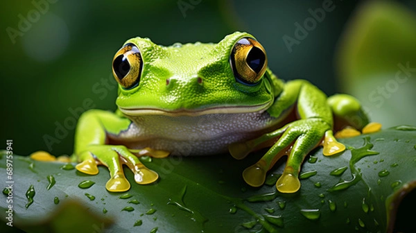 Fototapeta green frog on a leaf , little frog on green leaf 