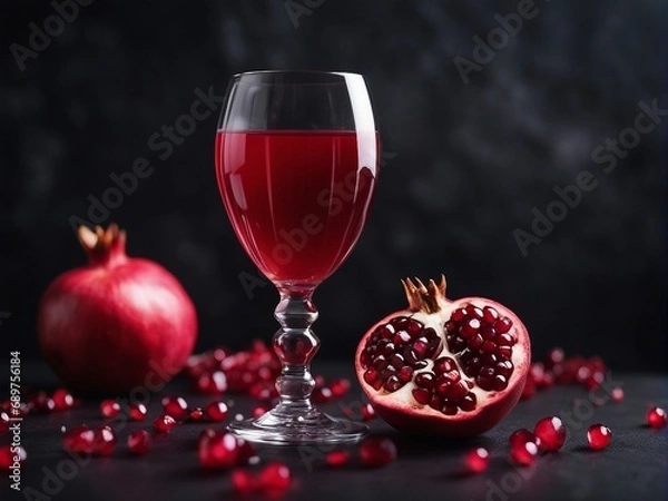 Fototapeta organic pomegranate and pomegranate juice in glass, decorative dark stone background


