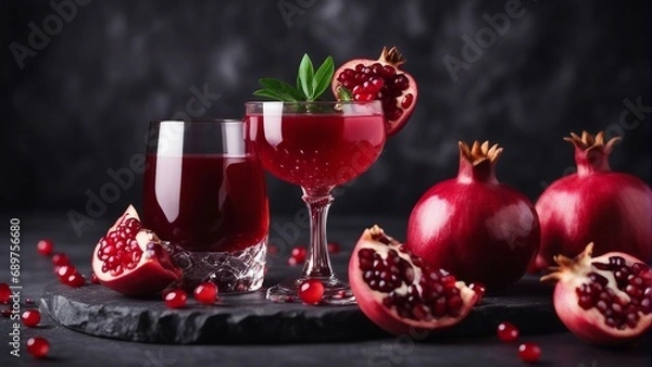 Fototapeta organic pomegranate and pomegranate juice in glass, decorative dark stone background

