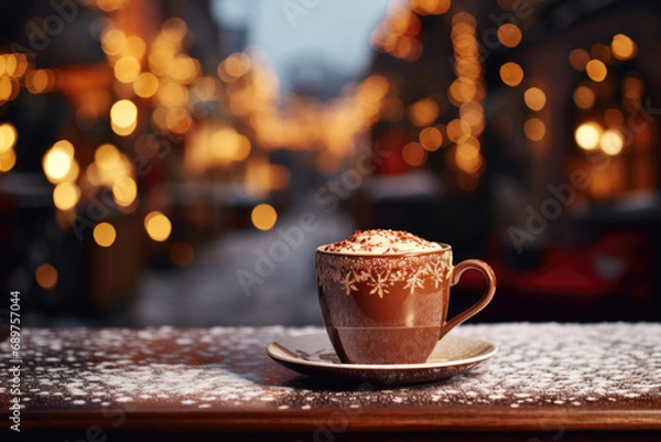 Fototapeta Coffee, cappuccino on wooden table against bokeh background