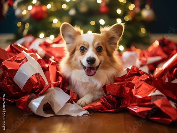 Obraz Cute Corgi Puppy Playing in Holiday Wrapping Paper at Christmas
