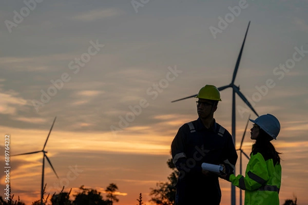 Fototapeta Two engineers working and holding the report at wind turbine farm Power Generator Station on mountain,Thailand people,Technician man and woman discuss about work