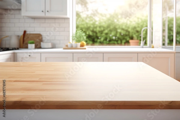 Fototapeta Empty wooden table, and kitchen countertop for product presentation in a well-lit kitchen setting