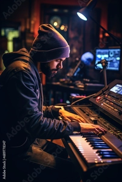 Fototapeta A music producer working with the piano in the studio