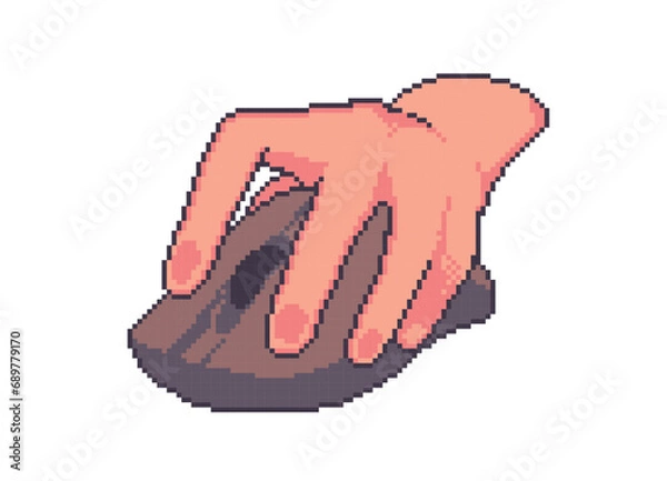 Obraz Hand using computer mouse, PC mouse, 8 bit pixel art, vector illustration isolated on white background.