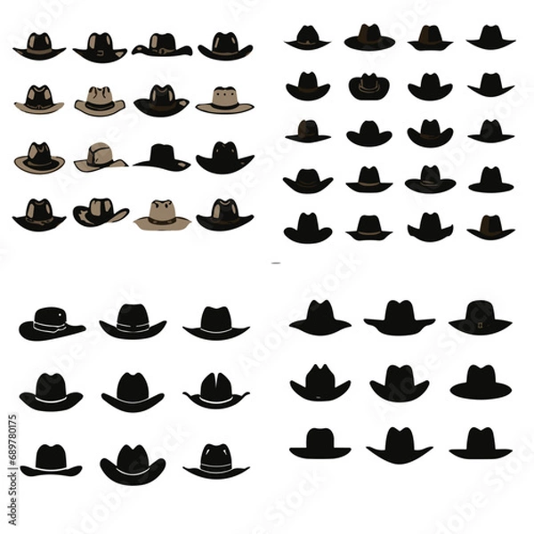 Fototapeta hat, vector, icon, set, fashion, illustration, cap, design, black, symbol, silhouette, collection, mustache, icons, hipster, food, vintage, glasses, cowboy, pattern, retro, sign, style, object, hats