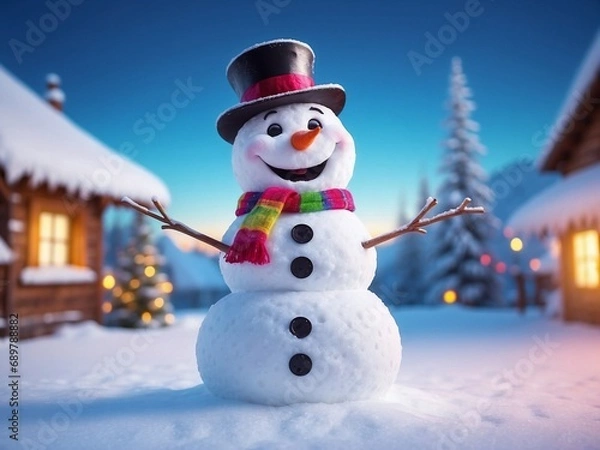 Fototapeta A smiling Snowman playing in blurry Christmas background. Funny Holiday season wallpaper