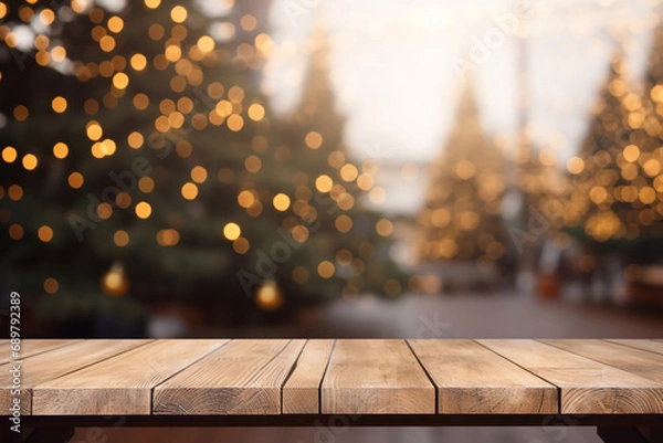 Fototapeta Festive Table Setting with Blurry Christmas Tree Background