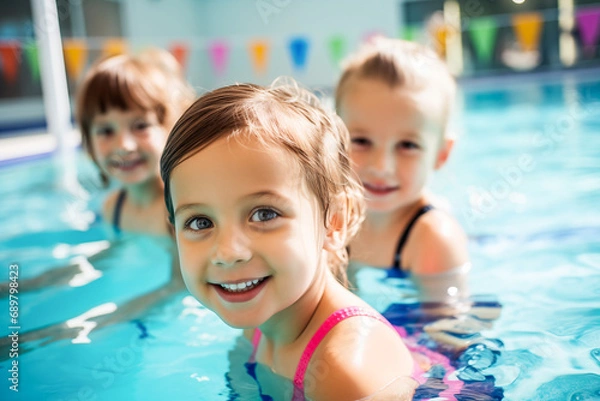 Obraz Diverse young children enjoying swimming lessons in pool, learning water safety skills, showing joy and camaraderie, representing a healthy lifestyle.	