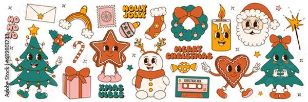 Fototapeta Merry Christmas. Groovy 70s Christmas sticker set. Trendy retro cartoon style elements and phrases