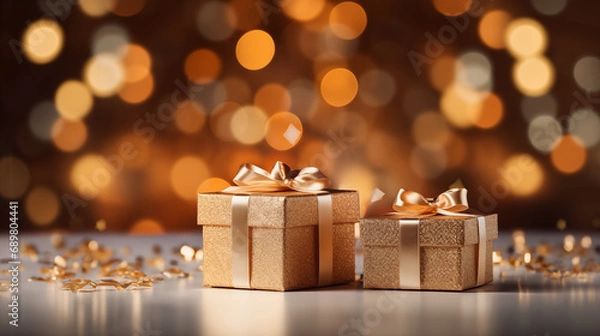 Fototapeta Golden gift boxes with golden bow on bokeh background with copy space. Christmas and New Year concept. Festive decoration on wooden table against defocused lights