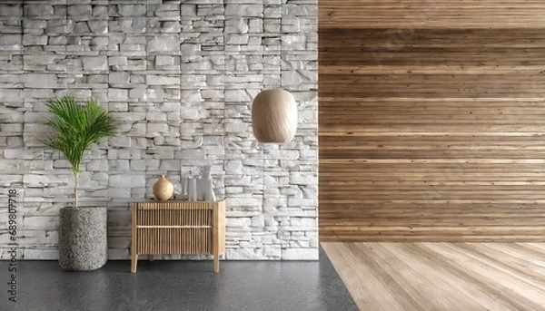 Fototapeta Coastal interior design of modern entrance hall with stone tiles wall and wooden rustic elements