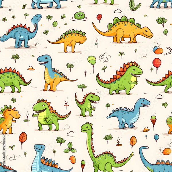 Fototapeta Dinosaurs in pencil drawing style. Kid drawing cartoon seamless pattern background.