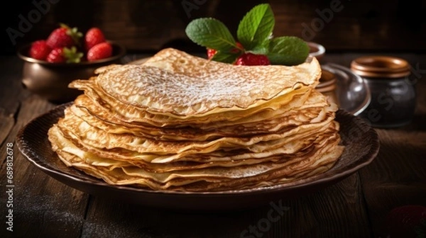 Fototapeta A stack of crepes on a dark brown wooden background, beautifully presented in rustic style. Top view perfection with a welcoming place for text.