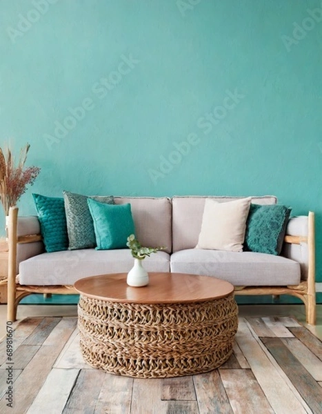 Fototapeta Round wood coffee table near wicker sofa with mint cushions against turquoise wall with copy space. Scandinavian home interior design of modern living room.