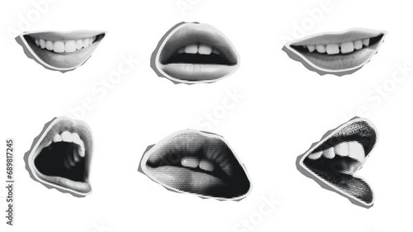 Fototapeta Set of retro lips in halftone. Paper cutout elements with lips and teeth . Y2K style. Trendy vintage newspaper pieces. Torn paper. Halftone collage elements. Screaming and kissing mouth.