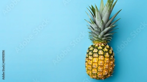 Obraz A pineapple with green leaves and a blue background with a top view with a space beneath the text.