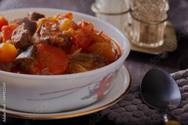 Obraz Traditional homemade beef casserole in a rustic setting.