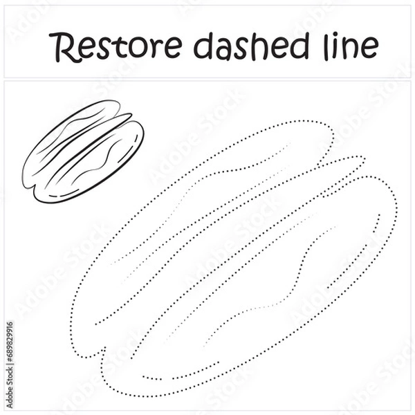 Obraz pecan. Repair the dotted line. Handwriting practice. Educational game for toddlers and preschoolers. Cartoon style. Isolated vector illustration, eps