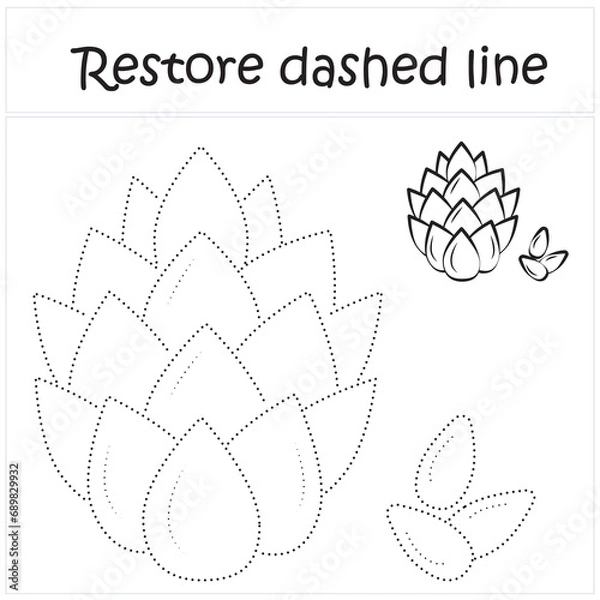 Obraz pine nuts. Repair the dotted line. Handwriting practice. Educational game for toddlers and preschoolers. Cartoon style. Isolated vector illustration, eps
