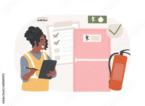 Obraz Fire inspection isolated concept vector illustration. Fire alarm and detection, building inspection checklist, fulfill the requirements, safety certification, annual inspection vector concept.