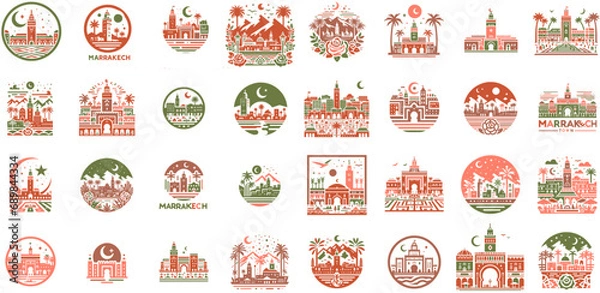Fototapeta Moroccan Landmarks Marrakech Vector Silhouette Icons and Pictograms Set