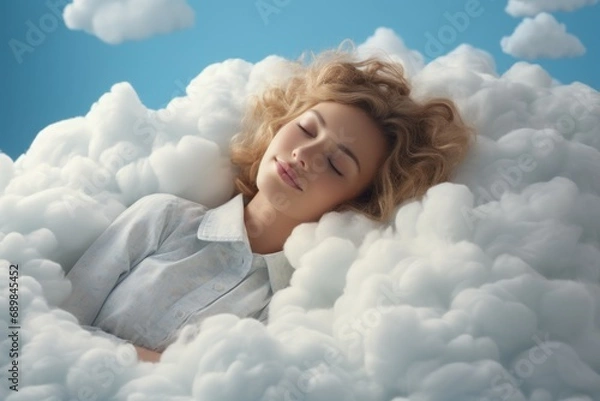 Fototapeta Cute young beautiful woman sleeping on a cloud. Portrait with selective focus and copy space for text